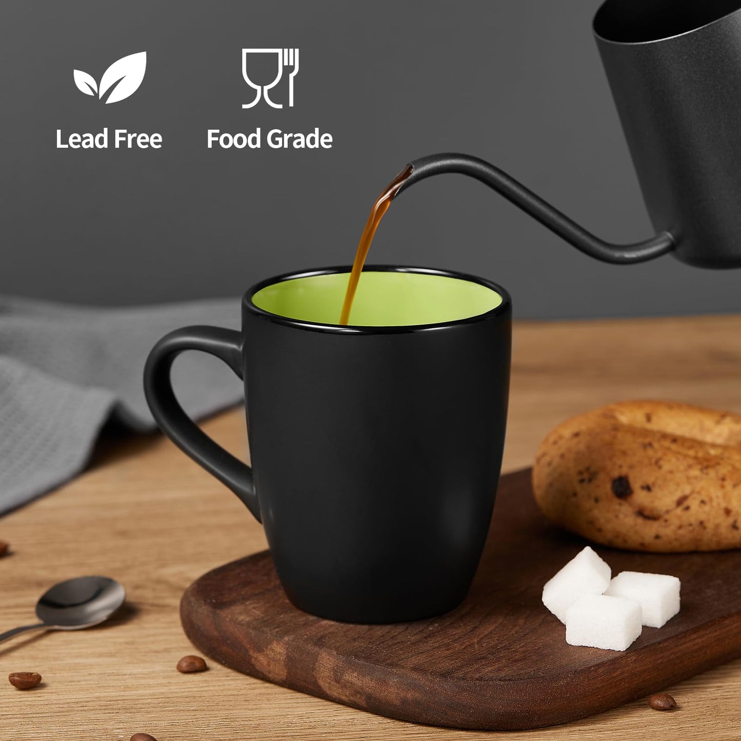 Qipecedm 6 Pack Porcelain Coffee Mugs Set, 12 Ounces Ceramic Coffee Mugs, Matte Black Coffee Mug
