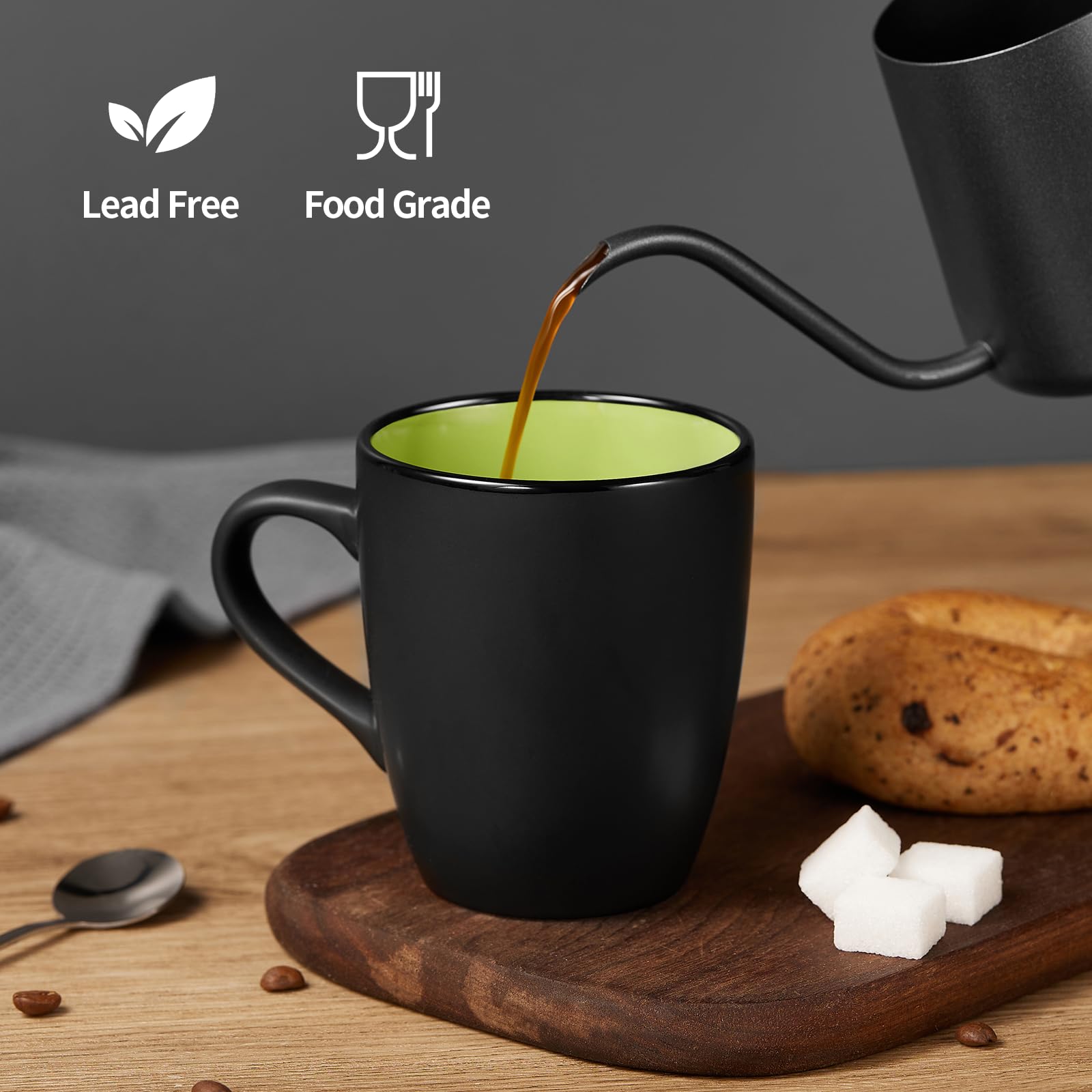 Qipecedm 6 Pack Porcelain Coffee Mugs Set, 12 Ounces Ceramic Coffee Mugs, Matte Black Coffee Mug