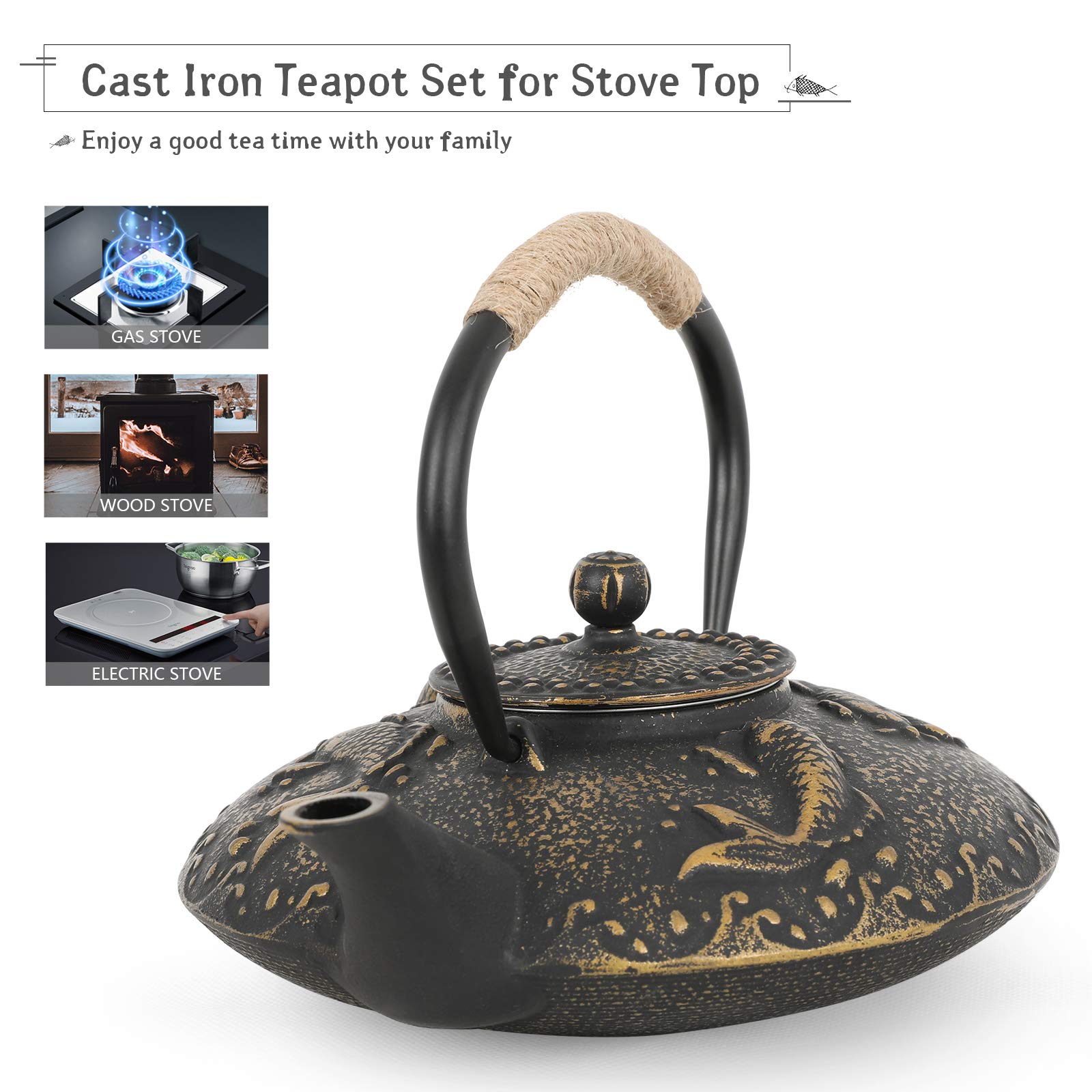 Ufine Koi Fish Cast Iron Teapot Set Stove Top 26 oz Tea Kettle with 4 Cups