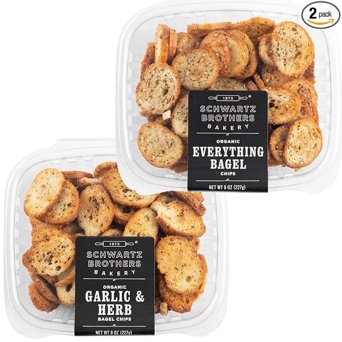Schwartz Brothers Bakery, Bagel Chip Sampler, Everything & Garlic & Herb, Organic, Kosher, Artisanal, Vegan. Freshly baked 8oz containers. (Pack of 2)
