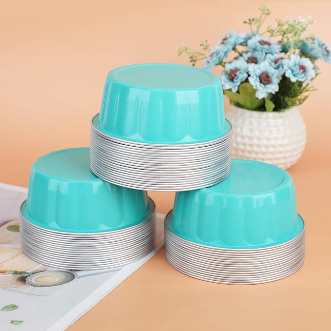 Beasea Aluminum Foil Baking Cups with Lids, 8oz 100 Pack Disposable, Blue, Perfect for Wedding, Birthday, and Other Occasions