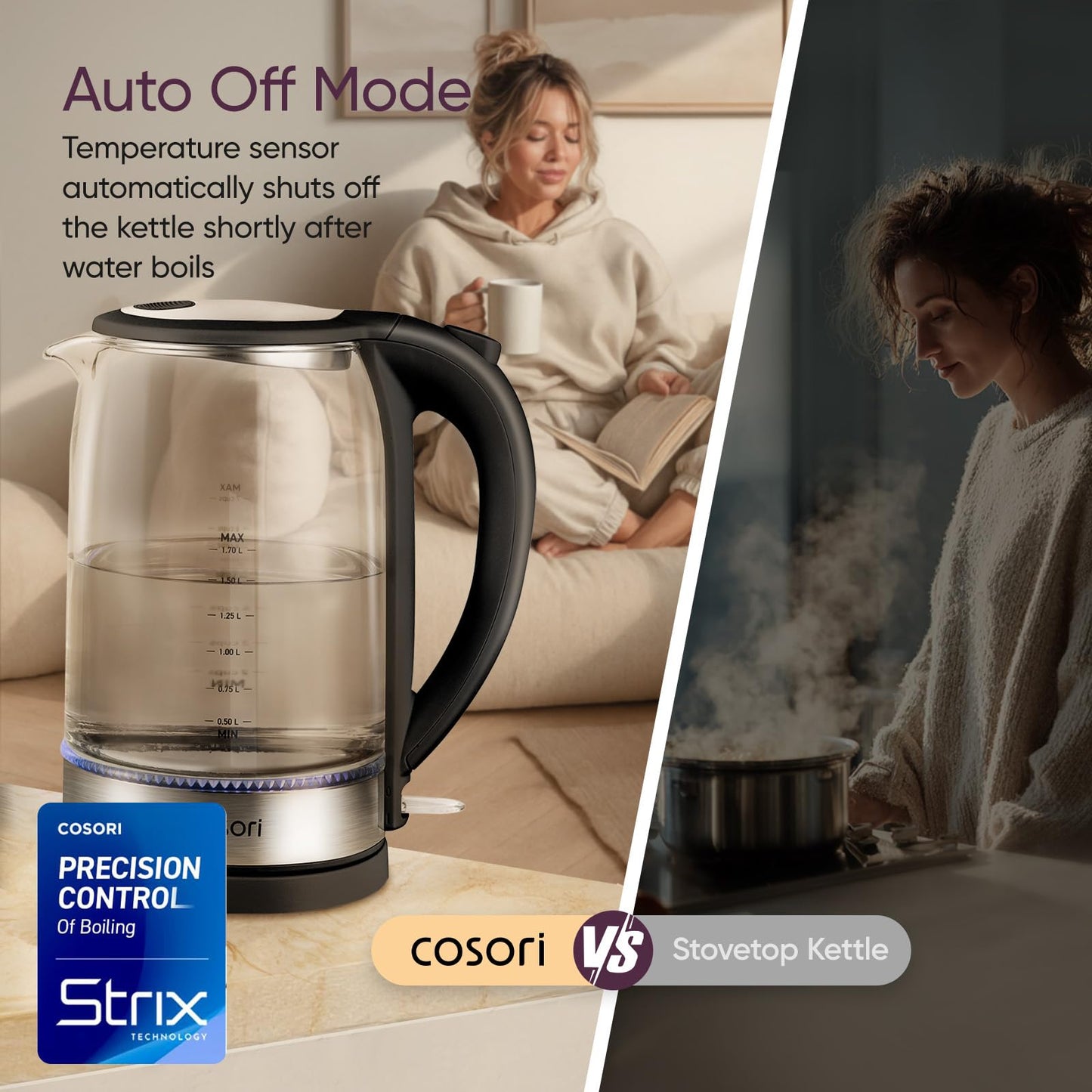 Cosori Electric Kettle, No Plastic Contact with Water, 1.7L, Black