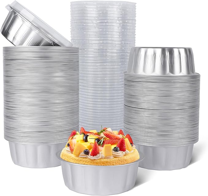 Beasea Ramekins 8 oz with Lids Disposable, 120 Pack 8 oz 4 Inch Mini Silver Aluminum Foil Creme Brulee Baking Cups Small Round Cupcake Tart Pie Tins Pans Individual Containers Oven Safe