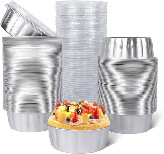 Beasea Ramekins 8 oz with Lids Disposable, 120 Pack 8 oz 4 Inch Mini Silver Aluminum Foil Creme Brulee Baking Cups Small Round Cupcake Tart Pie Tins Pans Individual Containers Oven Safe
