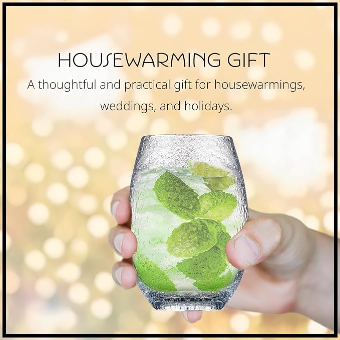 Artland Stemless Wine Glass, Set of 4 | Iris Seeded Design, Clear | Drinking Glass for Parties and Everyday Use - Wine, Champagne, Cocktail | Glassware & Barware Essentials