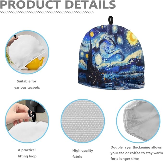 Oil Painting Starry Night Tea Cozy for Teapot Dome Teapot Cover Customized Teapot Covers with Handle Dust Cover Kitchen Kettle Dust Cover Can Hung and Folded (Blue)
