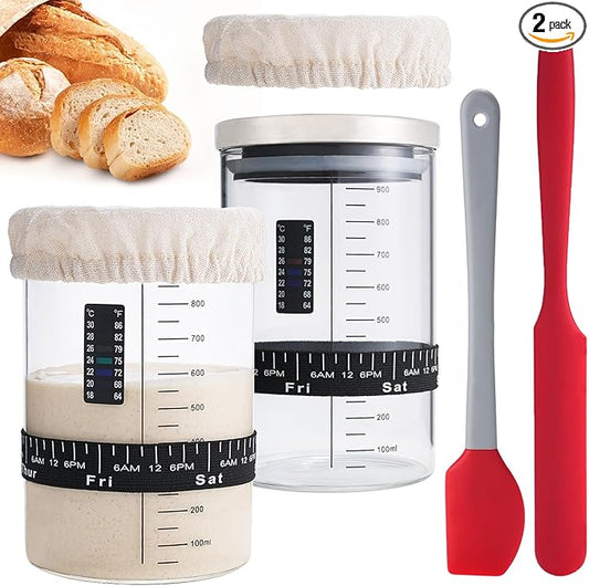 Sourdough Starter Glass Jar, 34 OZ Large Wide Mouth Jar for Sour Dough Starter, Easy to Use Sourdough Bread Baking Supplies Kit for Beginners and Pro, 2 Pack