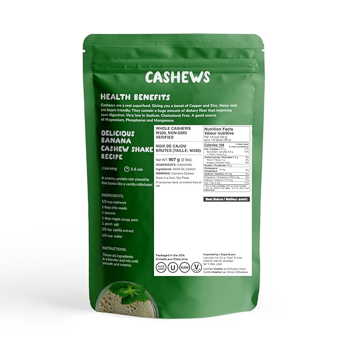 Food to Live - Raw Cashews, 2 Pounds Deluxe Whole Nuts, Unsalted, Unroasted Fancy Snack, Size W-320, Kosher, Vegan, Bulk, A good source of Magnesium, Phosphorus, Manganese & Copper