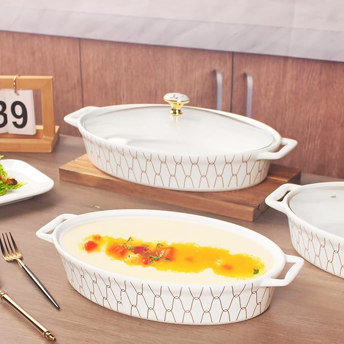 12" x 8" Ceramic Oval Casserole Dish with Glass Lid, 1.7 QT Serving Soup Tureen,Chafing Dish for Buffet, Family Food preserve Tray, Catering Casserole for Party Style