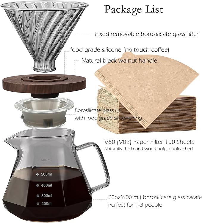Pour Over Coffee Maker, 20 oz Borosilicate Glass Carafe with 100 pcs V60 Paper Filter, Walnut Handle & Glass Lid, Drip Coffee Maker for Home Caf챕 Restaurant Camping, 600 ml, Gray