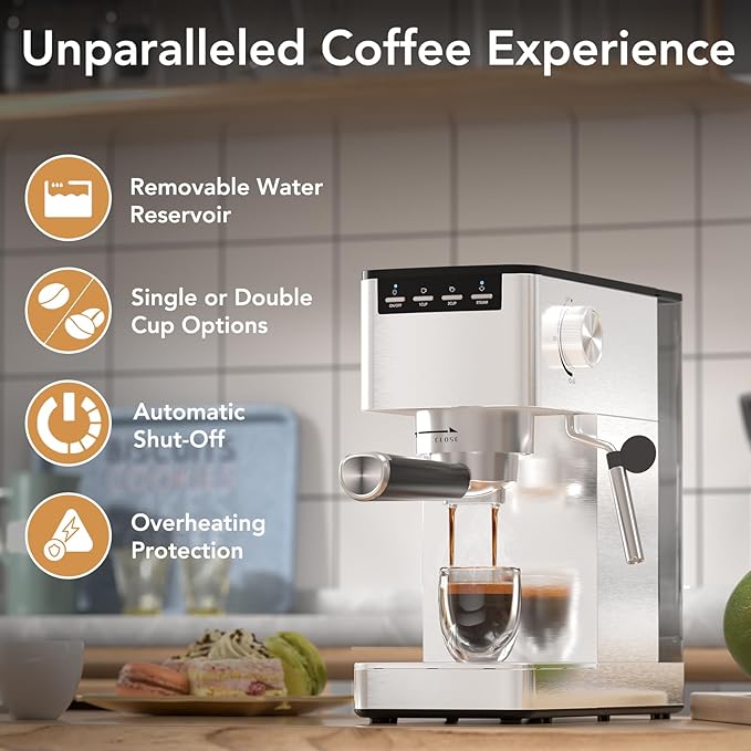 Kndko Espresso Machine 20 Bar, Compact Espresso Coffee Maker with Steam Milk Frother, Stainless Steel Coffee Machine with 40.5oz Removable Water Tank for Espresso, Latte, Cappuccino, Iced Coffee