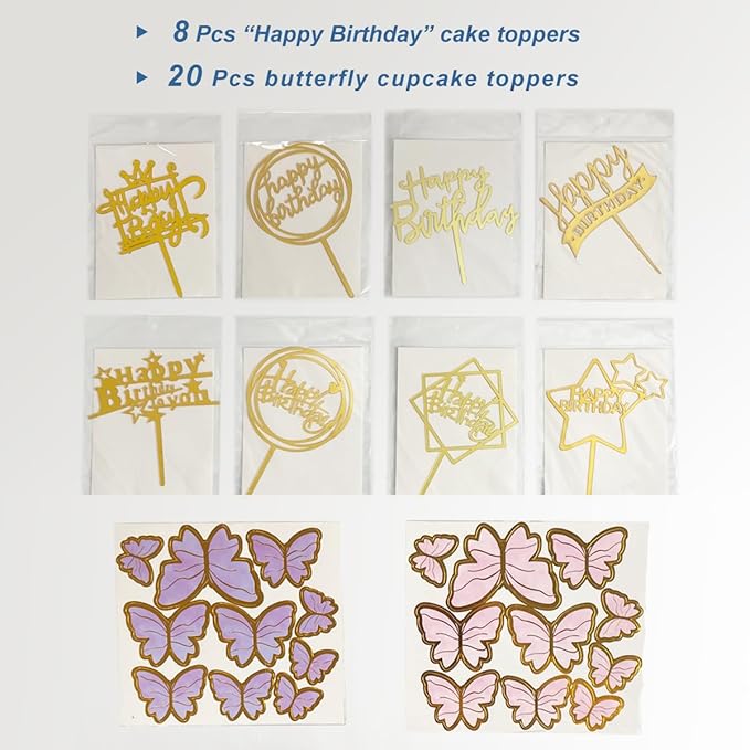 28 Pcs Happy Birthday and Butterfly Cake Toppers Set, Acrylic Gold Birthday Cupcake Toppers, Butterfly Cake Decorations
