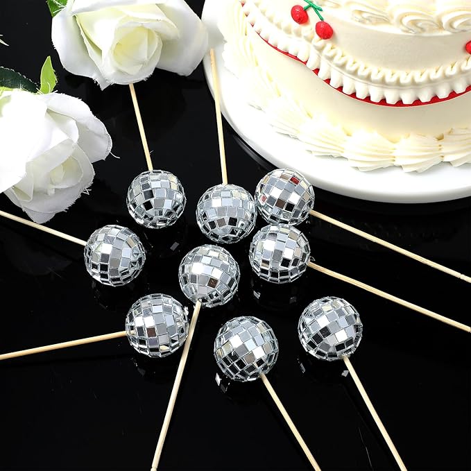 100 Pcs Disco Ball Cupcake Toppers, Happy Birthday Cake Picks Decorations Topper Accessories for 70s Theme Party Favor, Birthday Party, Anniversary