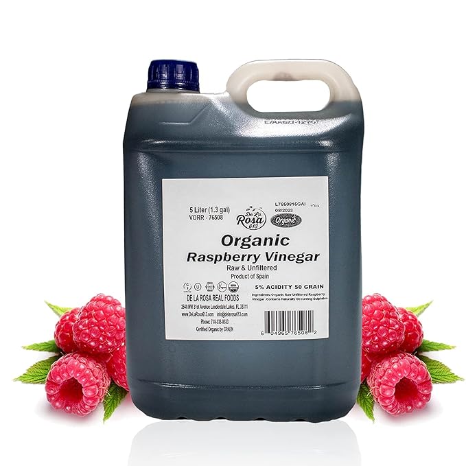 De La Rosa Organic Raspberry Vinegar, Raw & Unfiltered Pure Vinegar, Vegan, Gluten Free & Kosher, Great for Organic Salad Dressing and Marinades, 5 Liters (Pack of 1)
