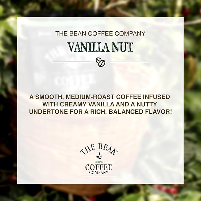 The Bean Organic Coffee Company Vanilla Nut, Medium Roast, Ground Coffee, 16-Ounce Bag,Café molido tostado organico