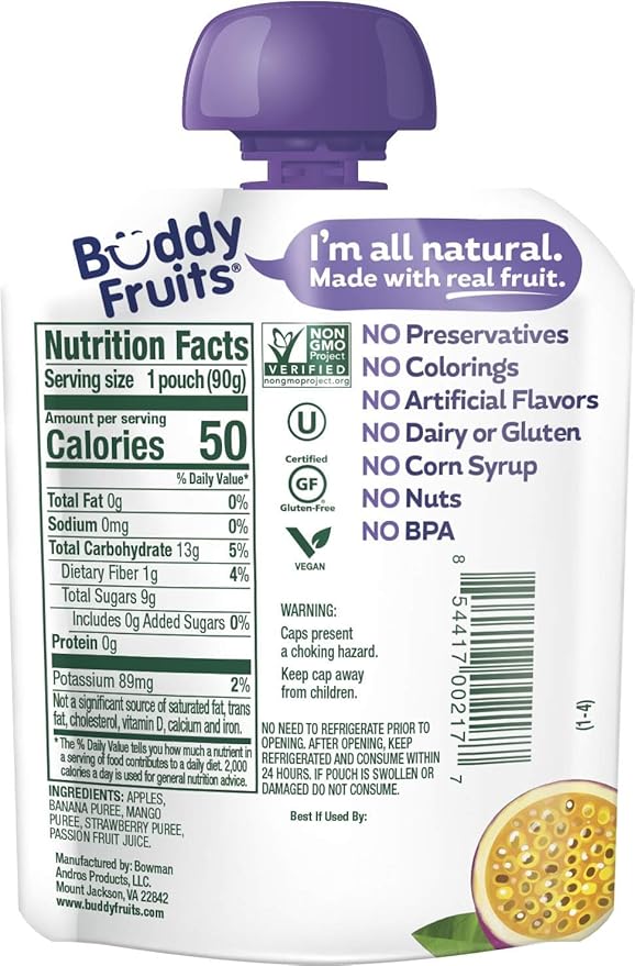 Buddy Fruits Snacks To Go Multifruit Unsweetened Applesauce 3.2oz Pouch (18pk) Gluten-Nut-Dairy-Preservatives-BPA Free, Non GMO, Kosher