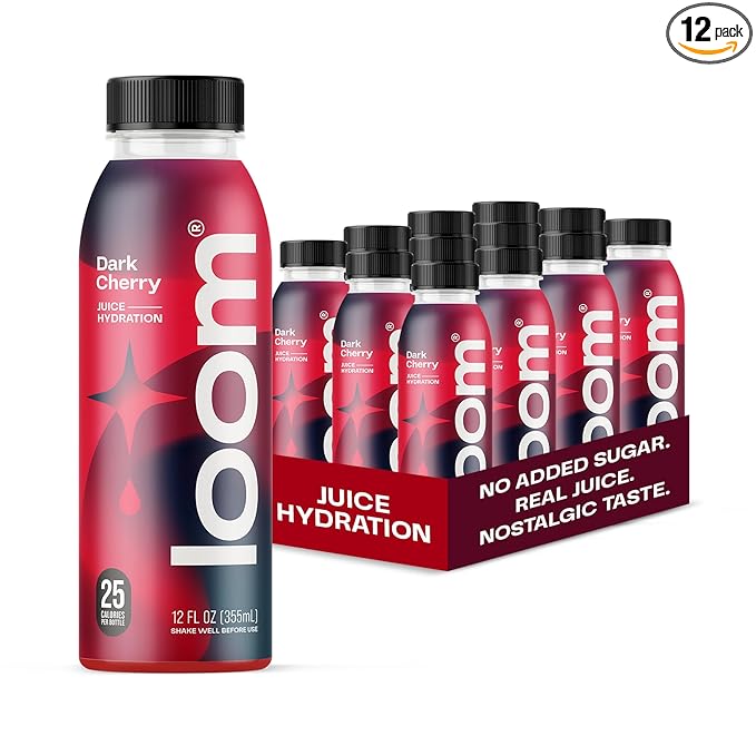 Dark Cherry Juice Drinks by Loom, Low Sugar Juice, Real Fruit, No Added Sugar, 30 Calories, Vegan, Gluten Free, 12 oz bottles, 12 pack