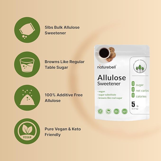 NatureBell Allulose Sweetener, 5 Lbs | Keto & Vegan-Friendly, White Sugar Substitute | 0 Calorie, 0 Sugar, 0 Net Carb, Non-Glycemic, Browns Like Table Sugar | Bulk Supply for Baking & Beverages