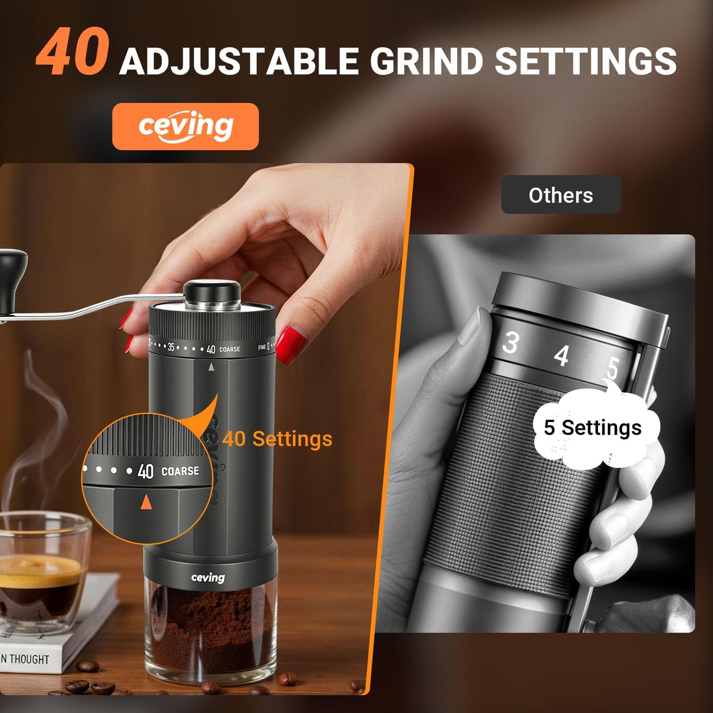 CEVING World's First 60g Large Capacity Manual Coffee Grinder, Gray