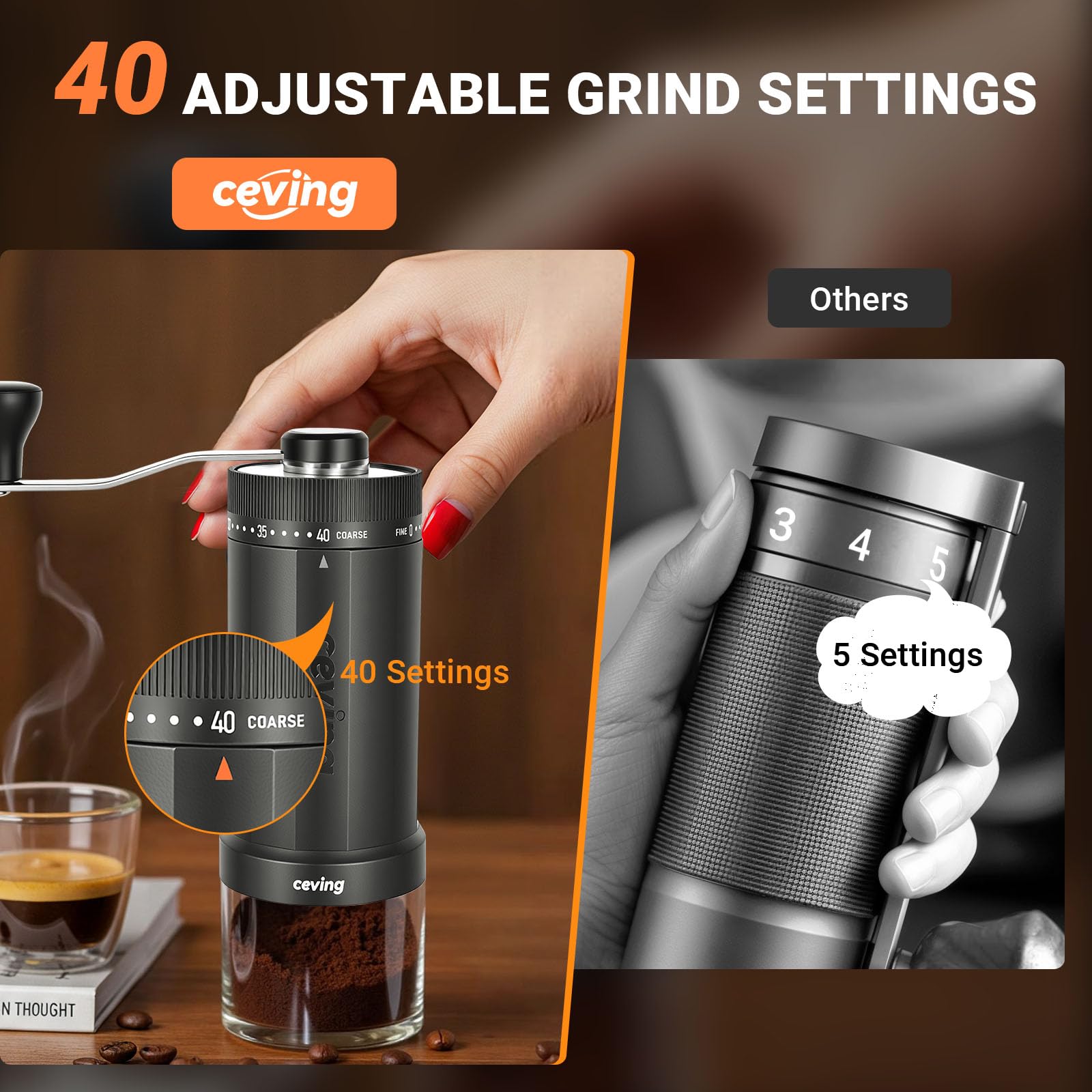 CEVING World's First 60g Large Capacity Manual Coffee Grinder, Gray