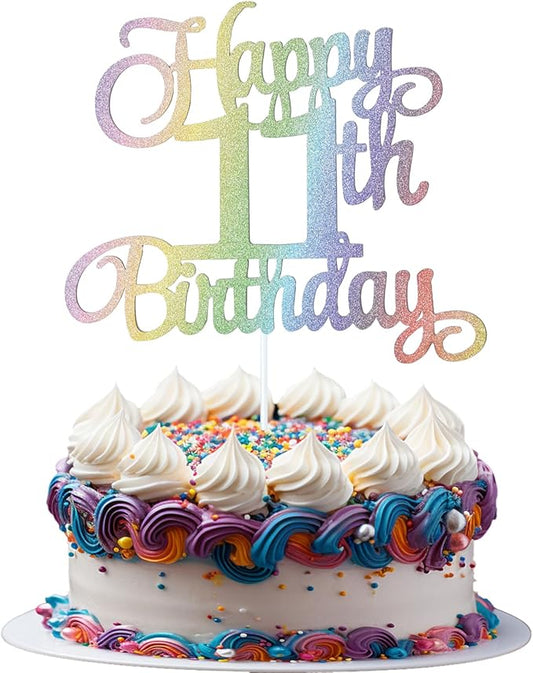 11th Happy Birthday Cake Topper, Glitter Happy 11th Birthday Cake Topper for Birthday Party Cake Decoration(Rainbow Color)
