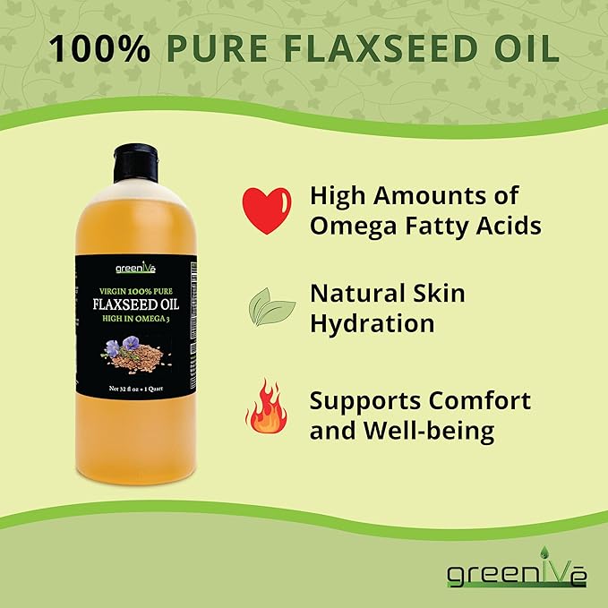 GreenIVe Flax Seed Oil Organically Grown100% Pure Cold Pressed High Vegan Omega Fatty Acids Gluten-Free (32 Fl Oz)