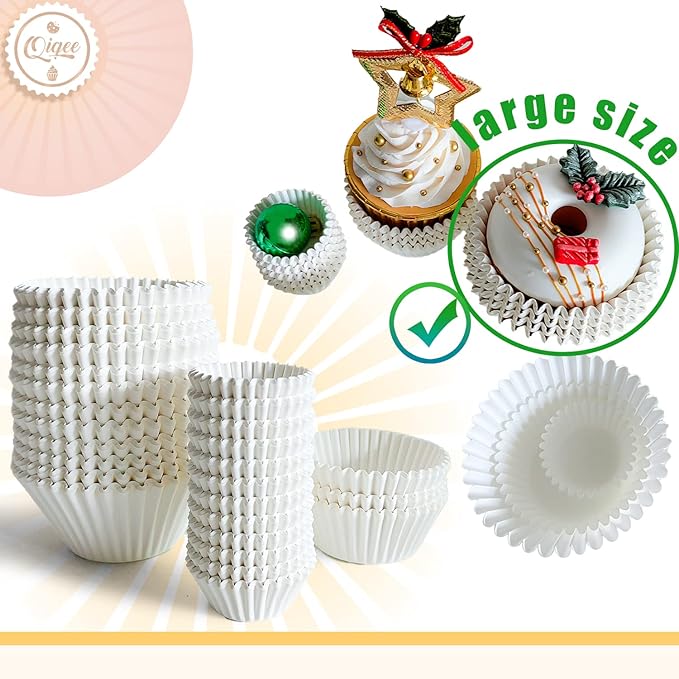 qiqee 300 Count Jumbo Cupcake Liners White Muffin Liners Food Grade Baking Cups Paper No Smells竊뉽arge Sizeç«?"<div>