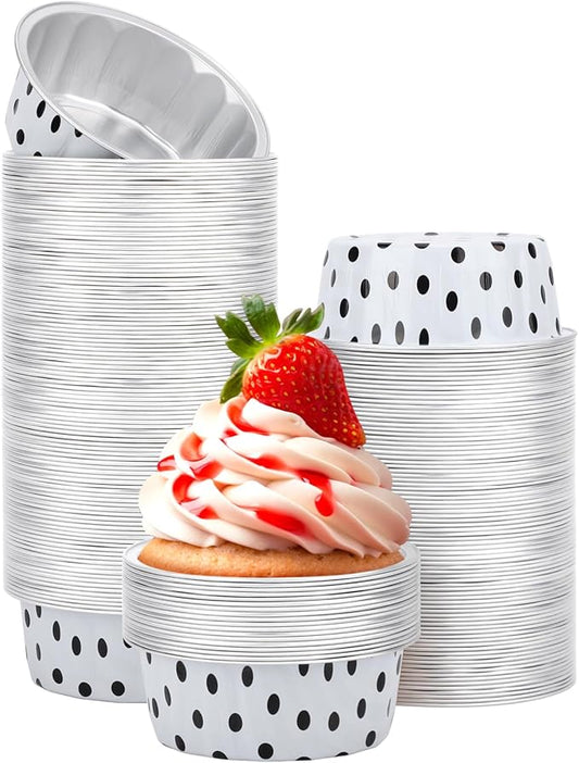 Beasea 8oz Aluminum Ramekins 200 Pack, 3.9" Disposable Baking Foil Cups Mini Ramekin Cup Cupcake Aluminum Baking Cups for Party - Black Dot in White
