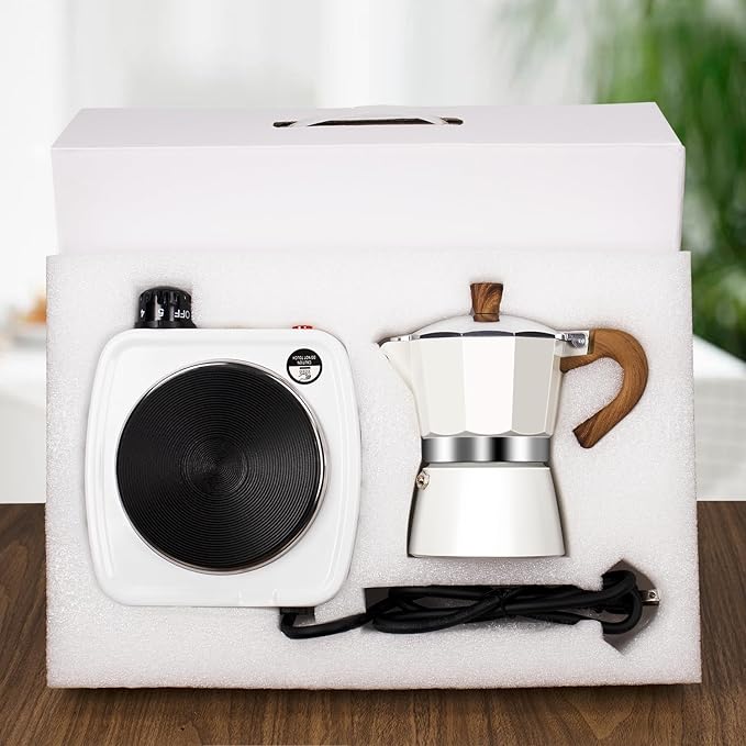 2-in-1 Moka Pot Espresso Set with Electric Stove 3 Cup Aluminum Stovetop Coffee Maker Percolator Italian Classic Mocha Coffee Machine for Italian and Cuban Cafe Brewing Portable Camping Travel