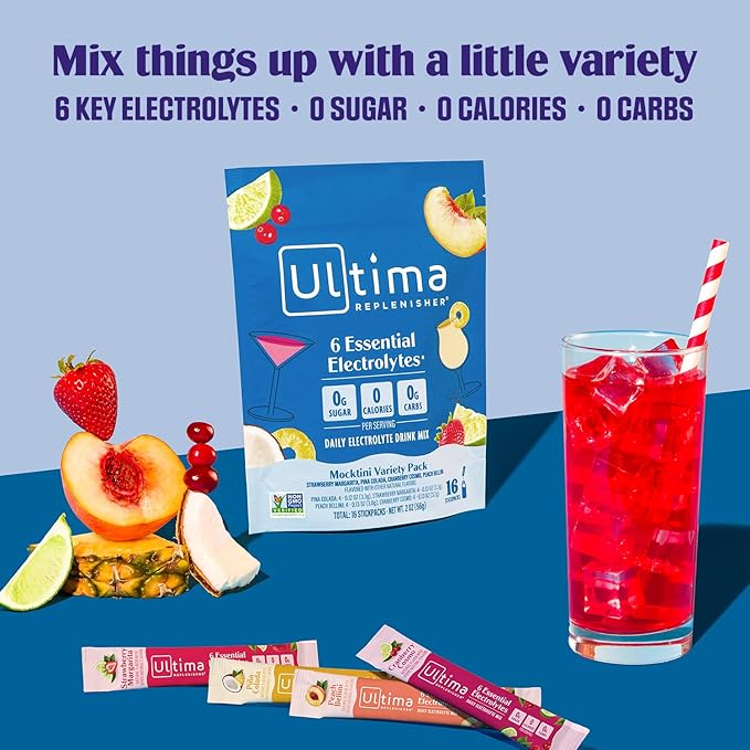 Ultima Replenisher Daily Electrolyte Powder Drink Mix ??Sugar Free ??Mocktini Variety, 16 Stickpacks ??Hydration Packets with 6 Key Electrolytes and Trace Minerals ??Keto Friendly, Non-GMO