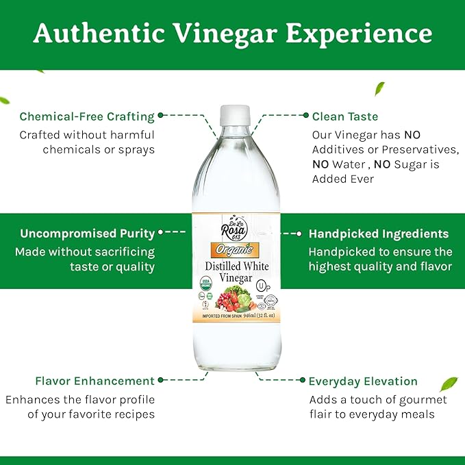De La Rosa Organic Distilled White Vinegar, Raw & Unfiltered, Kosher for Passover, Vegan & Gluten Free, Great for Salad Dressing, Marinades, White Distilled Vinegar 32 Oz (Pack of 1)
