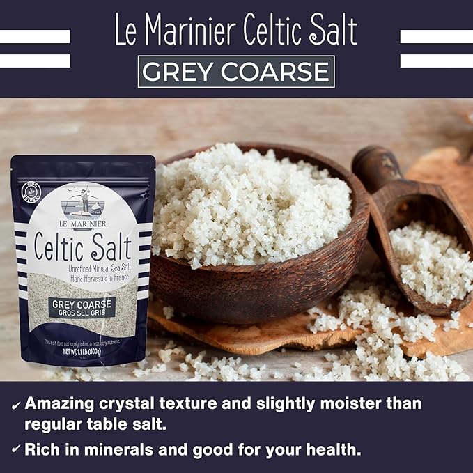 Le Marinier French Sea Salt Grey Coarse, 1.1lb - 18oz Pack of 2. Mineral Rich Unrefined French Sea Salt 100% Natural, Hand Harvested (1.1lb Grey Coarse - Pack of 2)