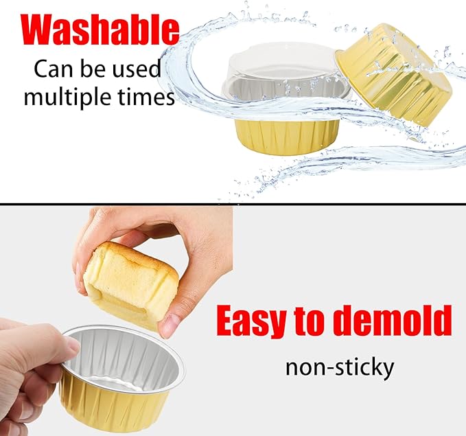 100 Pack 4.2oz Aluminum Cups with Lids Mini Flan Containers with Lids Cupcake Baking Cups, Gold