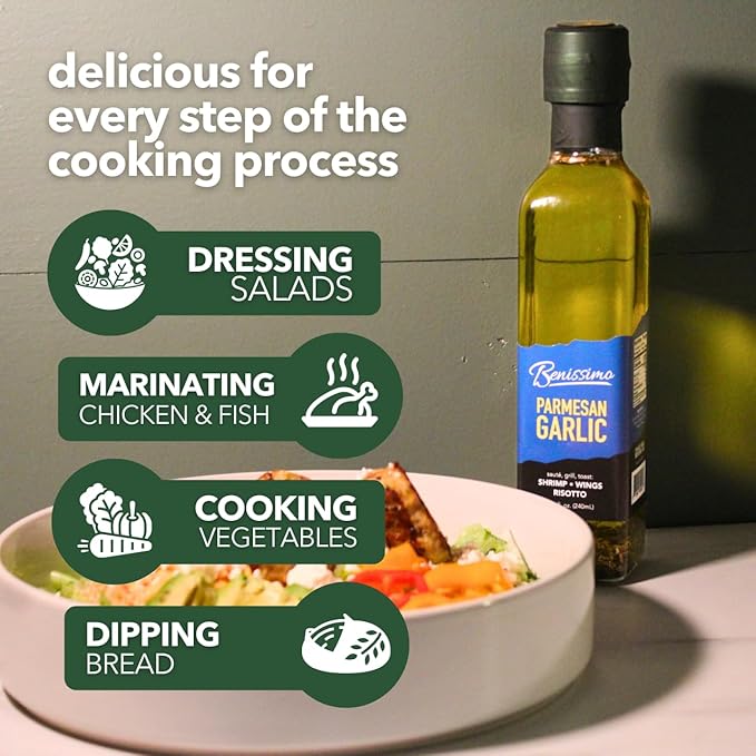 Benissimo Parmesan Garlic Herb Infused Oil, All Natural Gourmet Cooking Oil with Chef-Inspired Herbs, Ideal for Dipping, Marinades, Sautéing, Drizzling, 8.1 fl oz