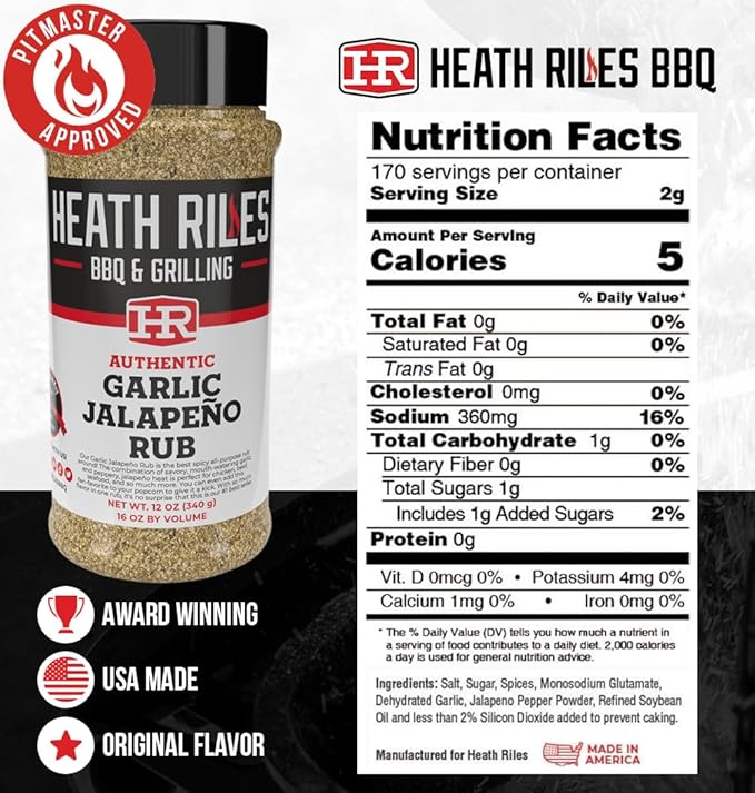 Heath Riles BBQ Rub - Garlic Jalapeño Seasoning, Champion Pitmaster Recipe, Legendary Rubs For Smoking & Grilling, 70+ BBQ Championships, 12 oz.