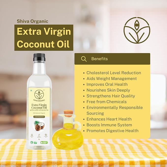 Shiva Organic Extra Virgin Coconut Oil - 100% Natural, USDA Certified Organic - 1L (33.8 fl oz)) for Cooking, Beauty, and Holistic Wellness