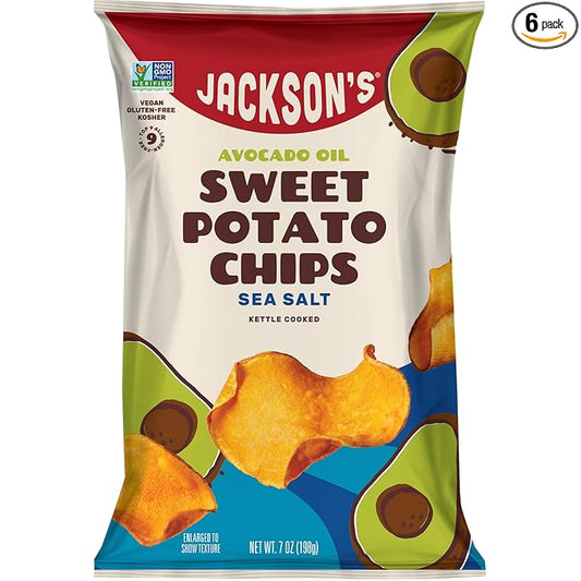 Jackson???Sweet Potato Kettle Chips with Sea Salt made with Premium Avocado Oil (7 Ounce, Pack of 6) - Allergen-friendly, Gluten Free, Peanut Free, Vegan, Paleo Friendly - Shark Tank Product