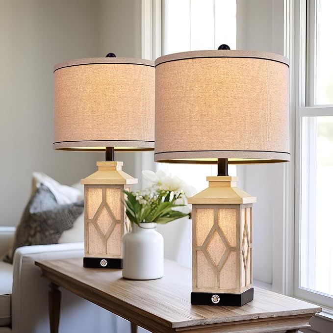 23.5" Touch Table Lamps for Living Room Set of 2 Farmhouse Bedside Lamps with USB A+C Charging Ports 3-Way Dimmable White Lamps Retro Lamps for Night Stands Boho Bedroom Lamp