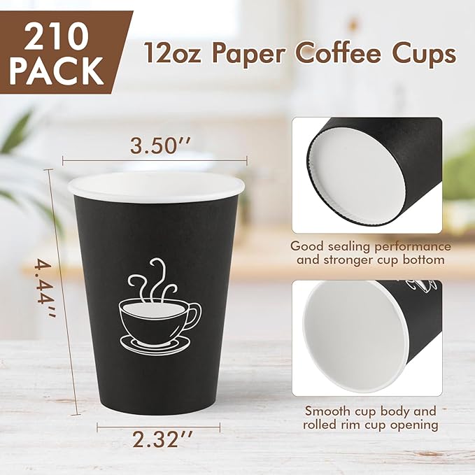 12 oz 210 Pack Paper Coffee Cups, Disposable Black Paper Cups for Hot Drinking, Water, Tea, Used for Cafes, Offices, and Events