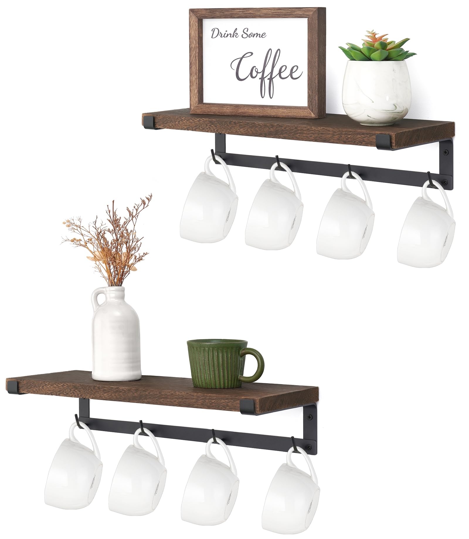 Dahey Coffee Mug Holder Wall Mount with Hooks, 2 Pack Wood Cup Shelf, Brown