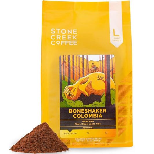 Stone Creek Coffee Light Roast Ground Coffee ??12 Ounce (Pack of 1) ??Smooth Specialty Fresh Roasted Coffee Beans with Juicy and Citrus Tasting Notes, Boneshaker Colombia