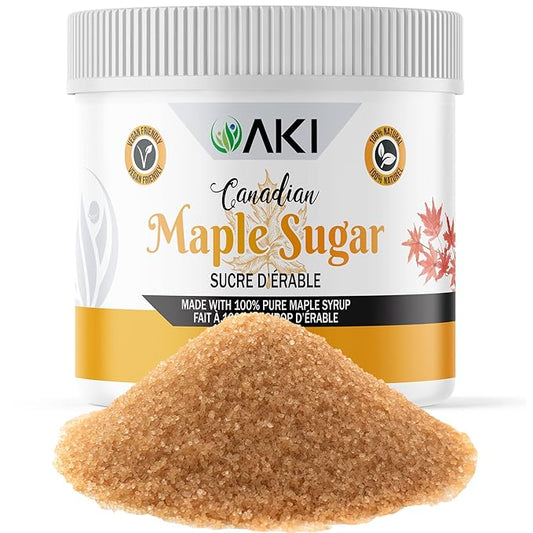 AKI Canadian Maple Sugar Granulated - Light Brown Color (7oz/198.5g) - Made from Grade A Maple Syrup, Good in Vitamins & Antioxidants to Increase Immunity - GMO-free & Vegan - Ideal Substitute for Tea, Coffee, Smoothie, Cocktails & Other Beverages
