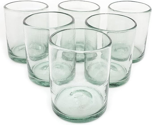 Clear 10 oz Tumblers (set of 6), Hand Blown Mexican Glassware, Recycled Glass Drinking Glasses, Lead-Free, Cocktail Margarita Glasses, Wine Glasses, Shot Glasses, Whiskey Glasses (Tumbler)