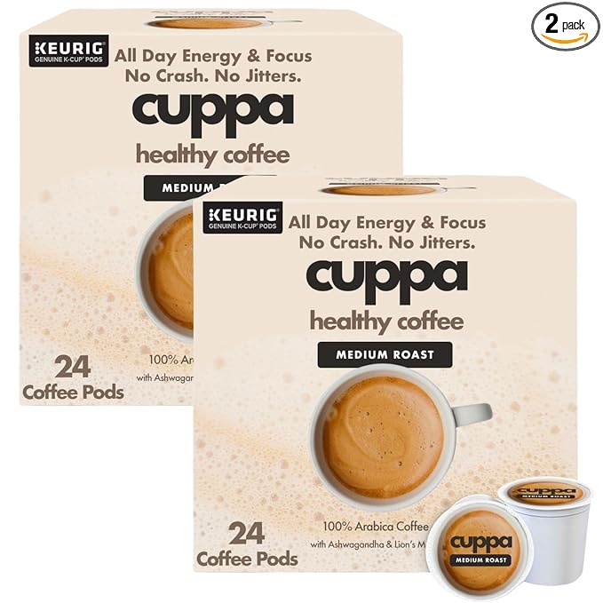 Cuppa Healthy Mushroom Coffee Single Serve Pods (K-Cups) with Lion's Mane & Ashwagandha for All Day Energy & Focus - No Crash or Jitters - Nootropics for Brain Health, Gut Health, Immunity, Stress, Memory + Mood - 48 Servings