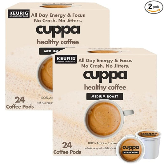 Cuppa Healthy Mushroom Coffee Single Serve Pods (K-Cups) with Lion's Mane & Ashwagandha for All Day Energy & Focus - No Crash or Jitters - Nootropics for Brain Health, Gut Health, Immunity, Stress, Memory + Mood - 48 Servings