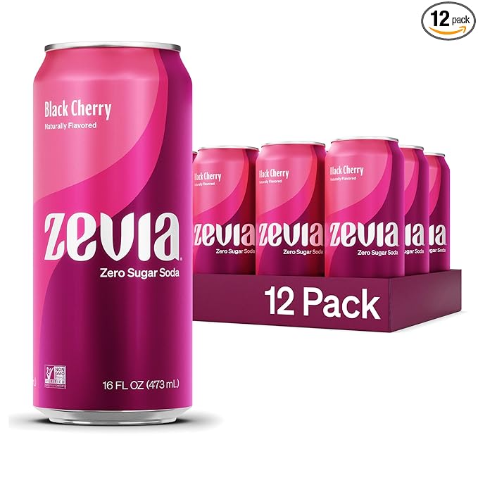 Zevia Zero Sugar Soda, Black Cherry, 16 oz Cans (12-Pack) ??Naturally Sweetened, Non-GMO Project Verified, Gluten-Free, Vegan
