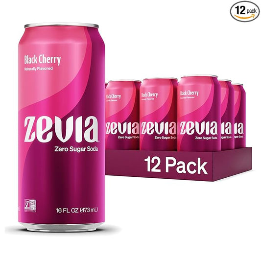 Zevia Zero Sugar Soda, Black Cherry, 16 oz Cans (12-Pack) ??Naturally Sweetened, Non-GMO Project Verified, Gluten-Free, Vegan