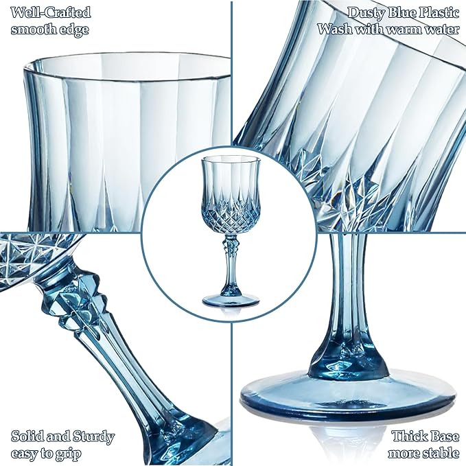 XUWAIDSGN Plastic Vintage Wine Glasses Drinking Glasses Unbreakable Wedding Glassware Crystal Water Goblets Reusable Drinkware Vintage Champagne Flutes (16, Blue)