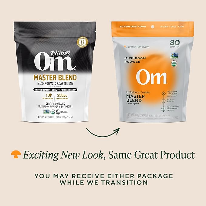 Om Master Blend Mushroom Powder ??Organic Mushroom Supplement with 10 Mushrooms and Ashwagandha - Support Immunity, Gut Health & Stress Relief, 6.34 oz (80 Servings)