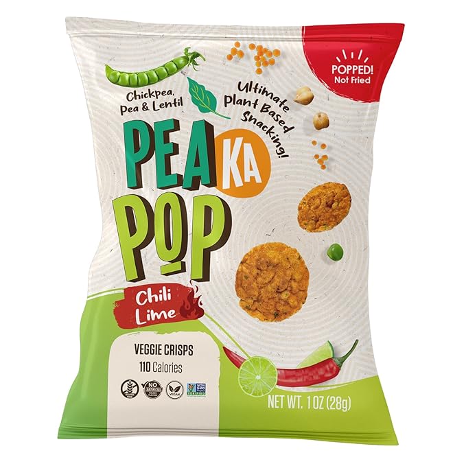 PeaKaPop Veggie Chips ??Plant-Based, Healthy Veggie Crisps with Pea, Lentil & Chickpea Protein ??Vegan, Gluten-Free, Popped Chips ??Snack Size for Kids & Adults ??1 oz Bags (15-Pack) ??Chili Lime